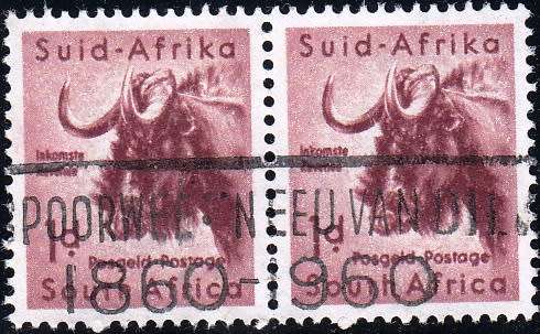 UNION OF S.A. 1959: DEFINITIVE ISSUE 1d WILDEBEEST PAIR USED (SACC 179)