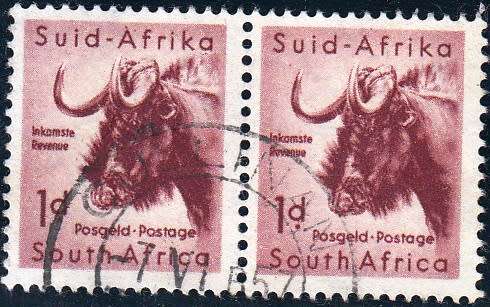 UNION OF S.A. 1954: DEFINITIVE ISSUE 1d WILDEBEEST PAIR USED (SACC 151)
