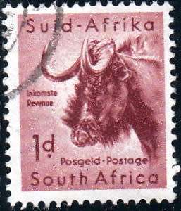 UNION OF S.A. 1959: DEFINITIVE ISSUE 1d WILDEBEEST USED (SACC 170)