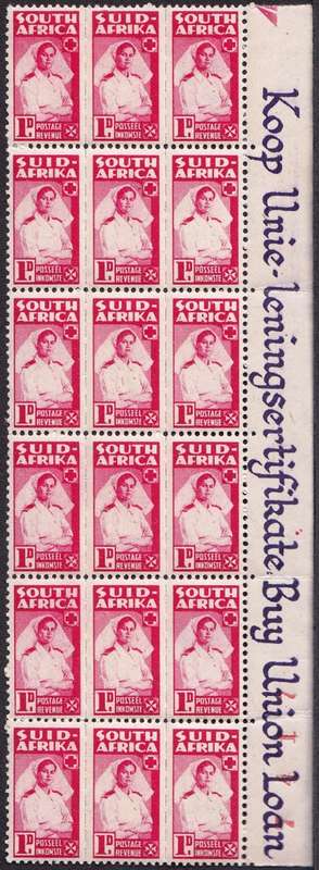 UNION OF SA 1944: WAR EFFORT 1d BANTAM FORMAT CNT BLK OF 18 MNH (SACC96a) - VIOLET MARGIN & SHEET NO