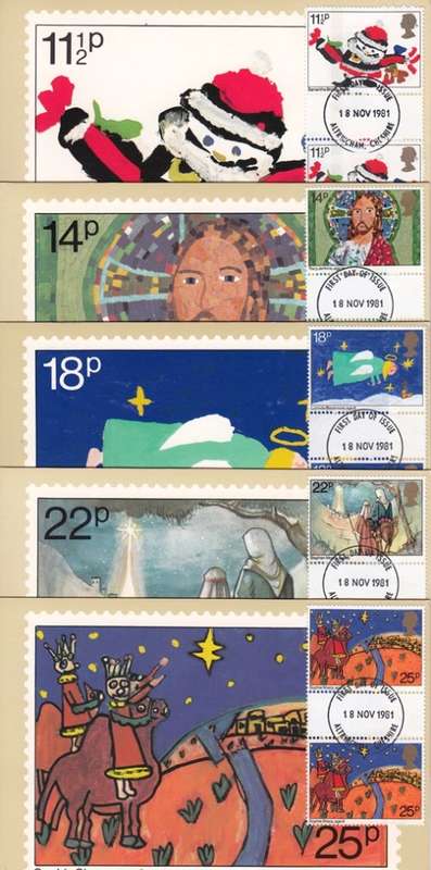 GB POSTCARD SET OF 5: PHQ 56 `CHRISTMAS` 1981 with GUTTER PAIR CTO