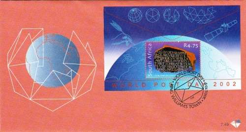 RSA 2002: OFFICIAL FDC 7.49 - WORLD POST DAY - MINISHEET