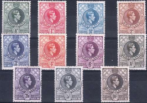SWAZILAND 1938 KGVI DEFINITIVE ISSUE SET MH (SACC 27-37) - PERF 13x13