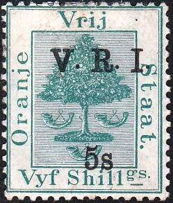 OFS - BRITISH OCCUPATION 1900 SURCHARGED 5s with THICK `V` RAISED STOPS MH (SACC 77)