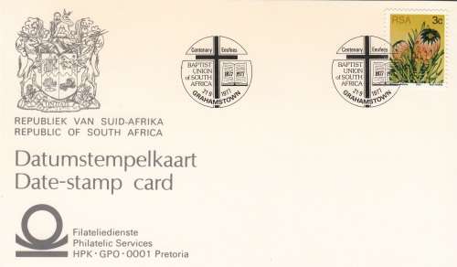 RSA DATE-STAMP CARD 1977: BABTIST UNION OF S.A. GRAHAMSTOWN