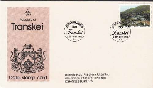 TRANSKEI DATE-STAMP CARD 1986: INTERNATIONAL PHILATELIC EXHIBITION JHB