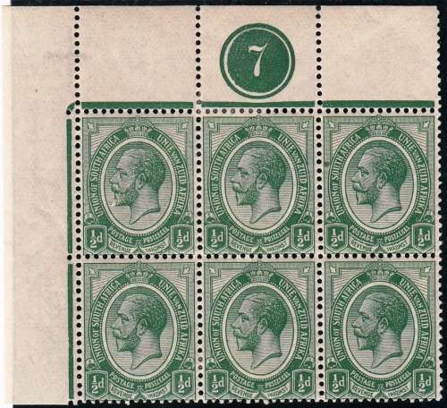 UNION 1913 KH 1/2d UPPER LEFT CORNER BLOCK OF 6 PLATE 7 MH (SACC 2)