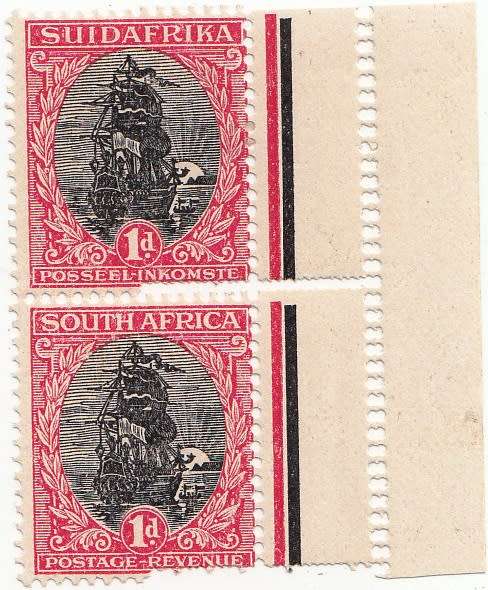 UNION 1927 PRETORIA 1d SHIP MARGINAL PAIR ISSUE 3 MH (SACC 30P) VARIETY V33 see below