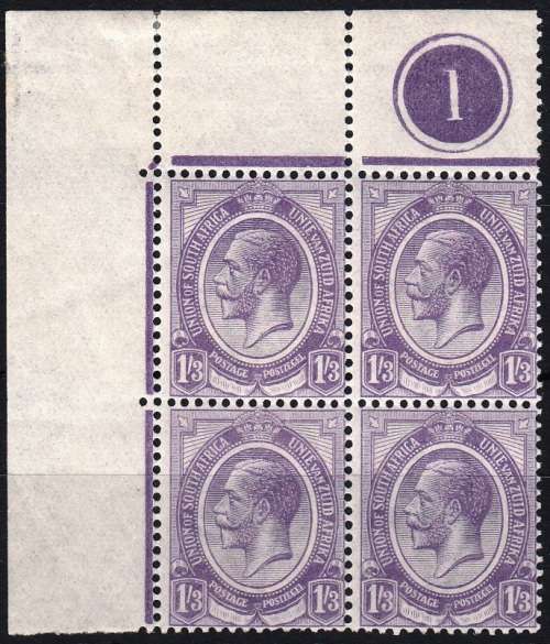 UNION 1920 KGV 1s3d TOP LH BLOCK OF 4 PLATE 1 (Control Pair MNH) (SACC12) see note below