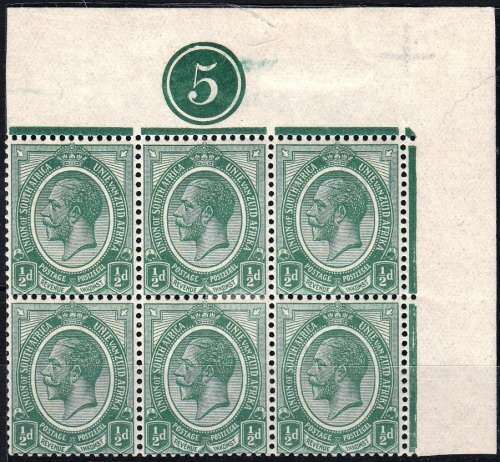 UNION 1913 KGV 1/2d TOP RIGHT CORNER BLOCK OF 6 PLATE 5 MH (SACC 2) VARIETY V17 see note below