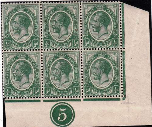 UNION 1913 KGV 1/2d ALL 4 CORNER BLOCK OF 6 PLATE 5 (SACC 2) SEE BELOW FOR HINGE MARKS