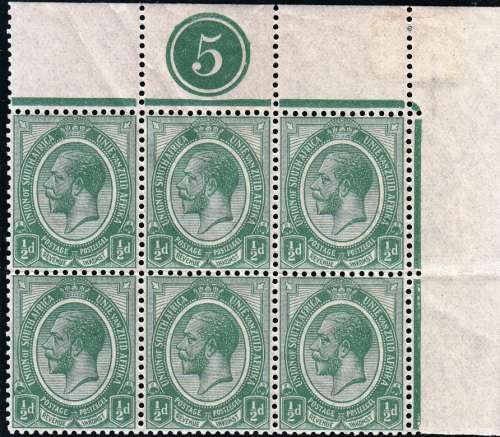 UNION 1913 KGV 1/2d ALL 4 CORNER BLOCK OF 6 PLATE 5 (SACC 2) SEE BELOW FOR HINGE MARKS