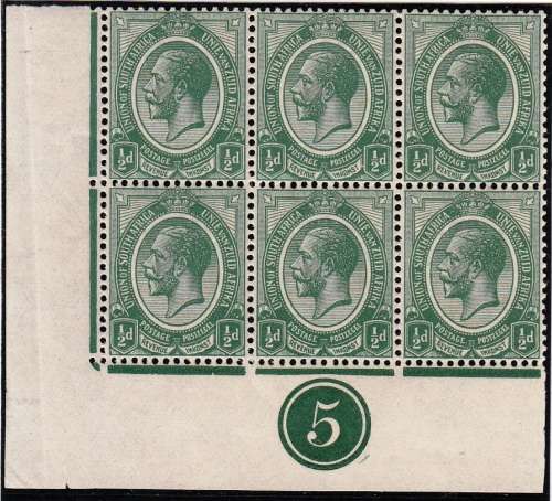 UNION 1913 KGV 1/2d ALL 4 CORNER BLOCK OF 6 PLATE 5 (SACC 2) SEE BELOW FOR HINGE MARKS