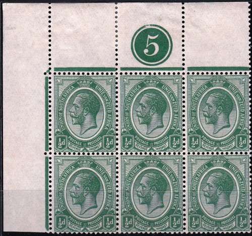 UNION 1913 KGV 1/2d ALL 4 CORNER BLOCK OF 6 PLATE 5 (SACC 2) SEE BELOW FOR HINGE MARKS