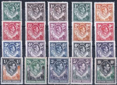 NORTHERN RHODESIA 1938: DEFINITIVE ISSUE PART SET 20 OF 21 MH (SACC 25-44)