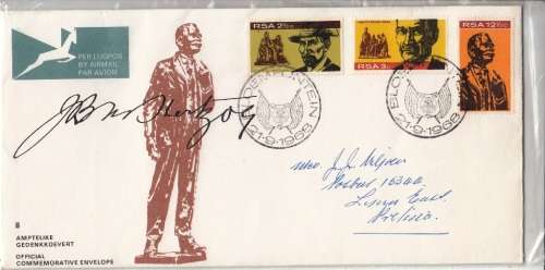 RSA OFFICIAL FDC 8 1968: INAUGURATION OF HERTZOG MONUMENT - ADDRESSED