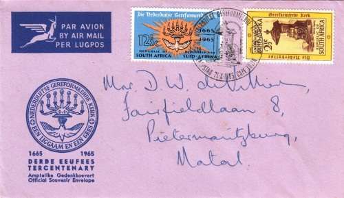 RSA 1965: OFFICIAL FDC#2 - TERCENTENARY OF DUTCH REFORMED CHURCH - ADDRESSED - STAMPS HORIZONTAL