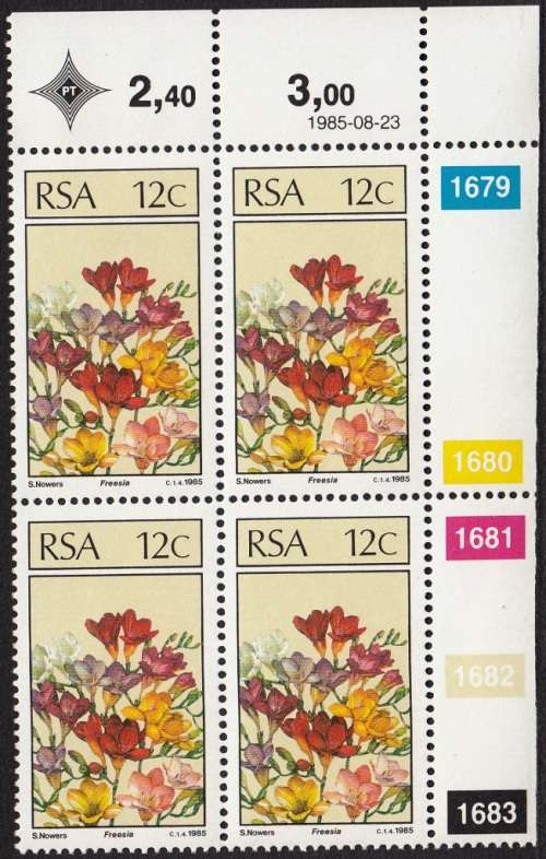 RSA 1985: SA FLORAL EMIGRANTS 12c CONTROL BLOCK MNH (SACC 592)