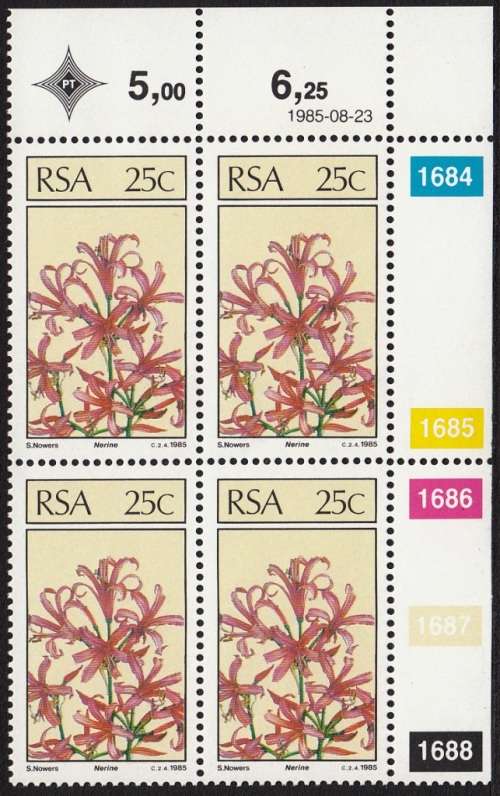 RSA 1985: SA FLORAL EMIGRANTS FULL SET CONTROL BLOCKS MNH (SACC 592-595)