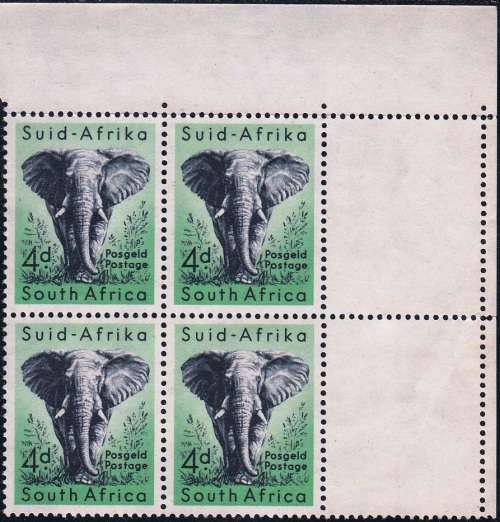 UNION 1960: DEFINITIVE ISSUE 4d ELEPHANT TR CORNER BLOCK (ARMS WMK) MNH (SACC 172)