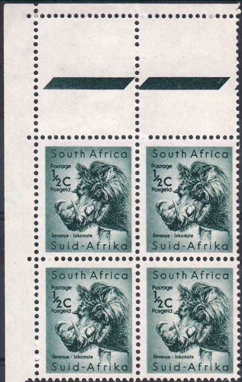 UNION 1961: DEFINITIVE ISSUE ½c WARTHOG TOP LEFT CORNER BLOCK OF 4 MNH (SACC 184)
