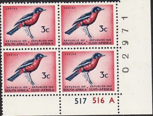 RSA 1973: 3c SHRIKE CONTROL BLOCK OF 4 PANE A MNH (SACC 328)