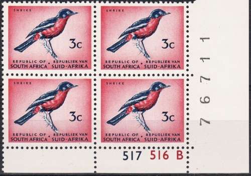 RSA 1973: 3c SHRIKE CONTROL BLOCK OF 4 PANE B MNH (SACC 328)