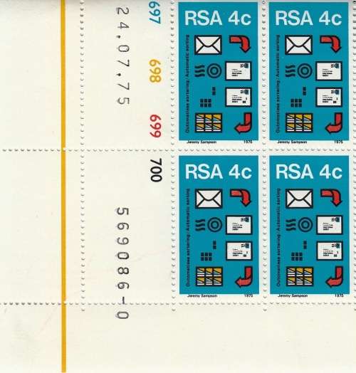 RSA 1975: POSTAL MECHANISATION SORTING 4c CONTROL BLOCK OF 4 MNH (SACC 390)