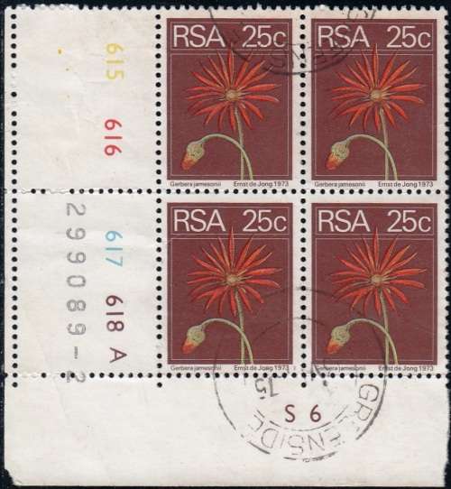 RSA 1975: DEFINITIVE ISSUE 25c CONTROL BLOCK OF 4 CYL A USED (SACC 371)