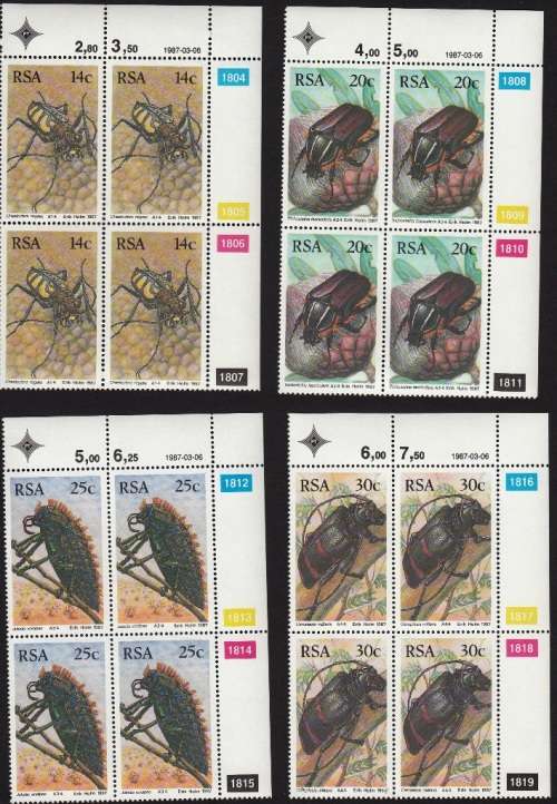 RSA 1987: SOUTH AFRICAN BEETLES FULL SET CONTROL BLOCKS OF 4 MNH (SACC 620-623)