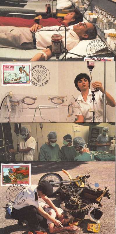 RSA POST CARDS 1986: DONATE BLOOD FULL SET OF FOUR UNUSED CTO IN ORIGINAL PACKAGING