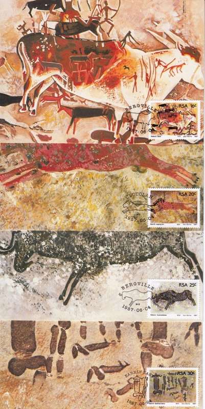 RSA POST CARDS 1987: ROCK PAINTINGS FULL SET OF FOUR UNUSED CTO