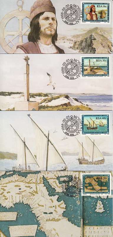 RSA POST CARDS 1988: BARTHOLOMEAS DIAS FULL SET OF 4 UNUSED CTO