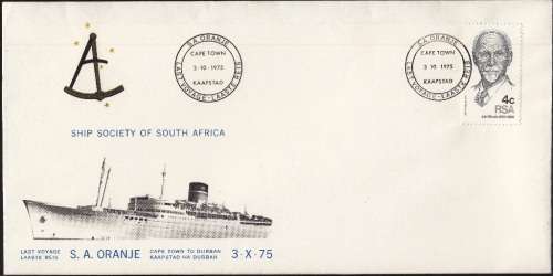 RSA COMM. COVER 1975: LAST VOYAGE OF S.A. ORANJE - 4c STAMP