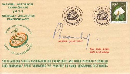 RSA COMM. COVER 1977: SPORT FOR THE DISABLED - SIGNED BY MINISTER OF SPORT Dr Koornhof