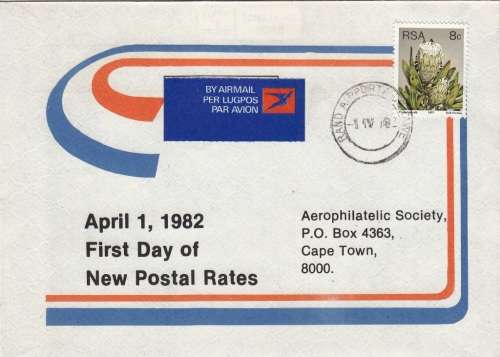 RSA COMM. COVER 1982: AIRPHILSA FIRST DAY OF NEW POSTAL RATES 1 APRIL 1982