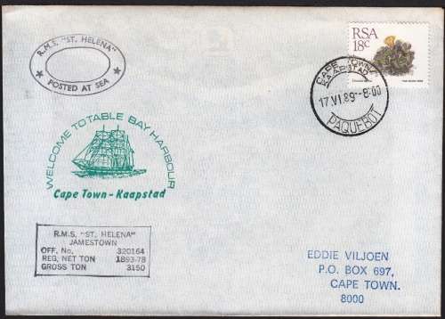 RSA 1989 RMS ST HELENA WELCOME TO TABLE BAY HARBOUR COM COVER PAQUEBOT CAPE TOWN D/S 17/6/89