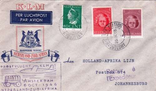 NEDERLAND FIRST FLIGHT 1946: PROEFVLUGHT KLM AMSTERDAM TO ZUID-AFRIKA