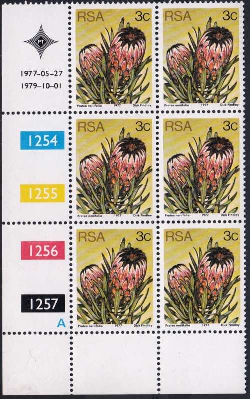 RSA 1977 3rd DEFINITIVE ISSUE 3c CONTROL BLOCKS OF 6 PANES A + B (1-10-1979) MNH (SACC 420)