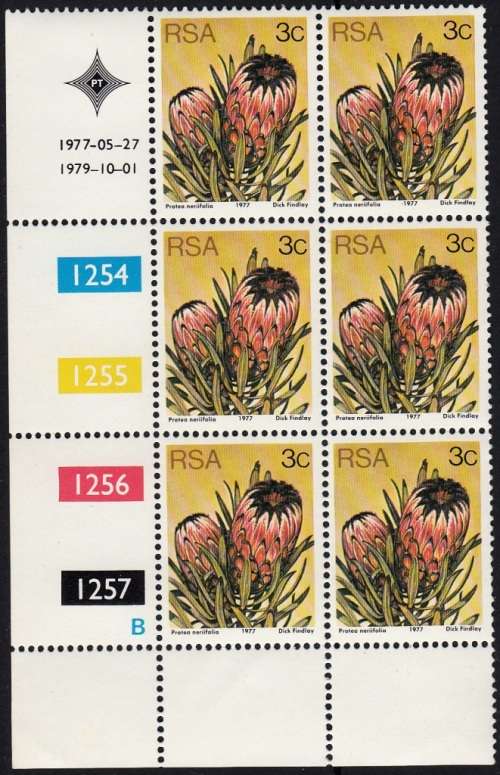RSA 1977 3rd DEFINITIVE ISSUE 3c CONTROL BLOCKS OF 6 PANES A + B (1-10-1979) MNH (SACC 420)