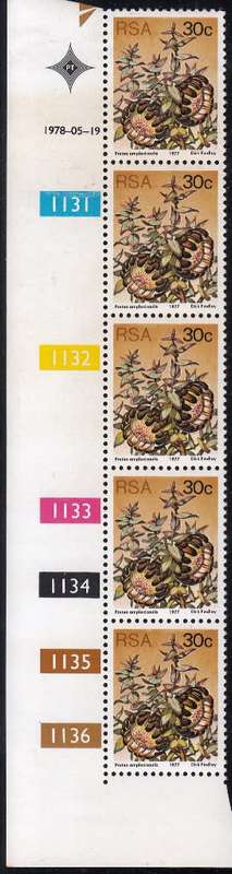 RSA 1977 3rd DEFINITIVE ISSUE 30c CONTROL STRIP OF 5 (19-5-78) MNH (SACC 431)