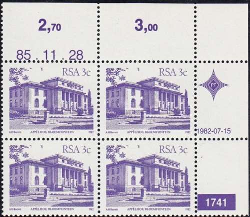 RSA 1982 4th DEFINITIVE ISSUE 3c CONTROL BLOCK OF 4 PLATE NO 1741 MNH (SACC 517b)