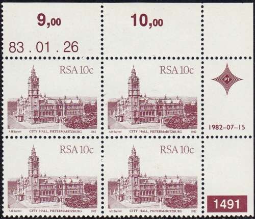 RSA 1982 4th DEFINITIVE ISSUE 10c CONTROL BLOCK OF 4 PLATE NO 1491 MNH (SACC 524a)
