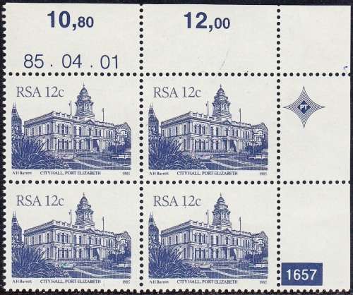 RSA 1985 4th DEFINITIVE ISSUE 12c CONTROL BLOCK OF 4 PLATE NO 1657 MNH (SACC 587)