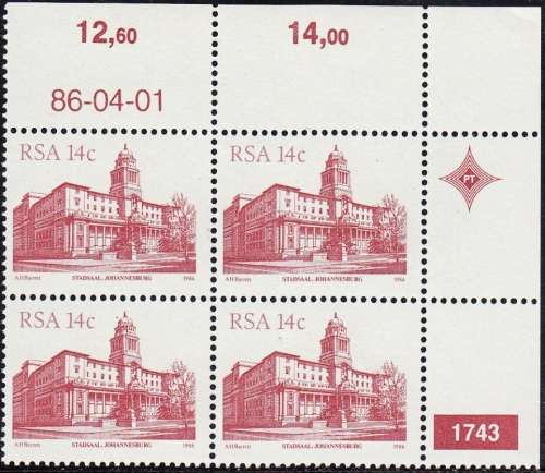 RSA 1982 4th DEFINITIVE ISSUE 14c CONTROL BLOCK OF 4 PLATE NO 1743 MNH (SACC 604)