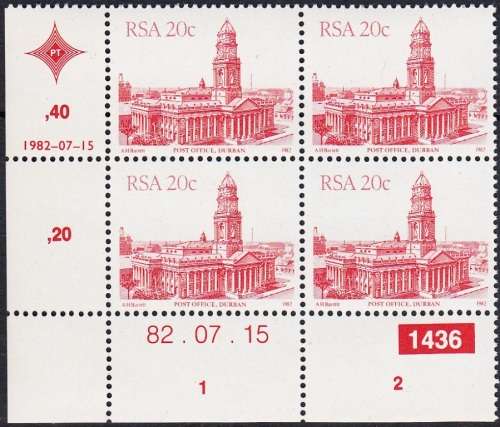 RSA 1982 4th DEFINITIVE ISSUE 20c CONTROL BLOCK OF 4 PLATE NO 1436 MNH (SACC 526)
