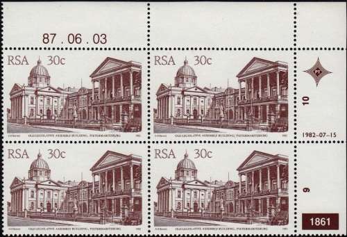 RSA 1982: 4th DEFINITIVE ISSUE 30c CONTROL BLOCK CYLINDER 1861 MNH (SACC 528a)