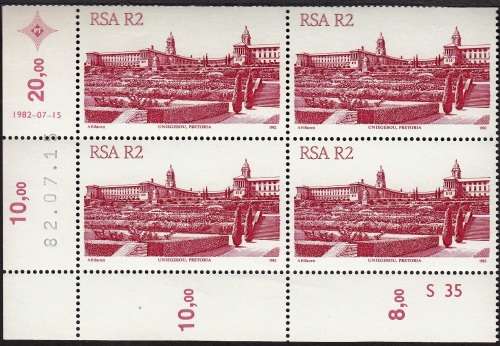 RSA 1982: 4th DEFINITIVE ISSUE R2 CONTROL BLOCK OF 4 CYL S35 MNH (SACC 531)