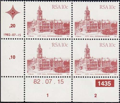 RSA 1982 4th DEFINITIVE ISSUE 10c CONTROL BLOCK OF 4 PLATE NO 1435 MNH (SACC 524)