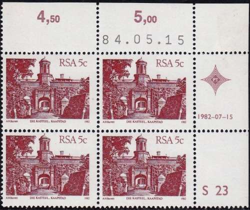 RSA 1982 4th DEFINITIVE ISSUE 5c CONTROL BLOCK OF 4 PLATE NO S23 (15-5-84) MNH (SACC 519a)